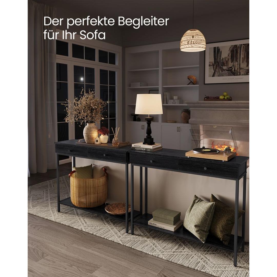Smalle Sidetable met 2 Lades en Stalen Frame – Vintagebruin met Zwart Onderstel – Praktische Haltafel