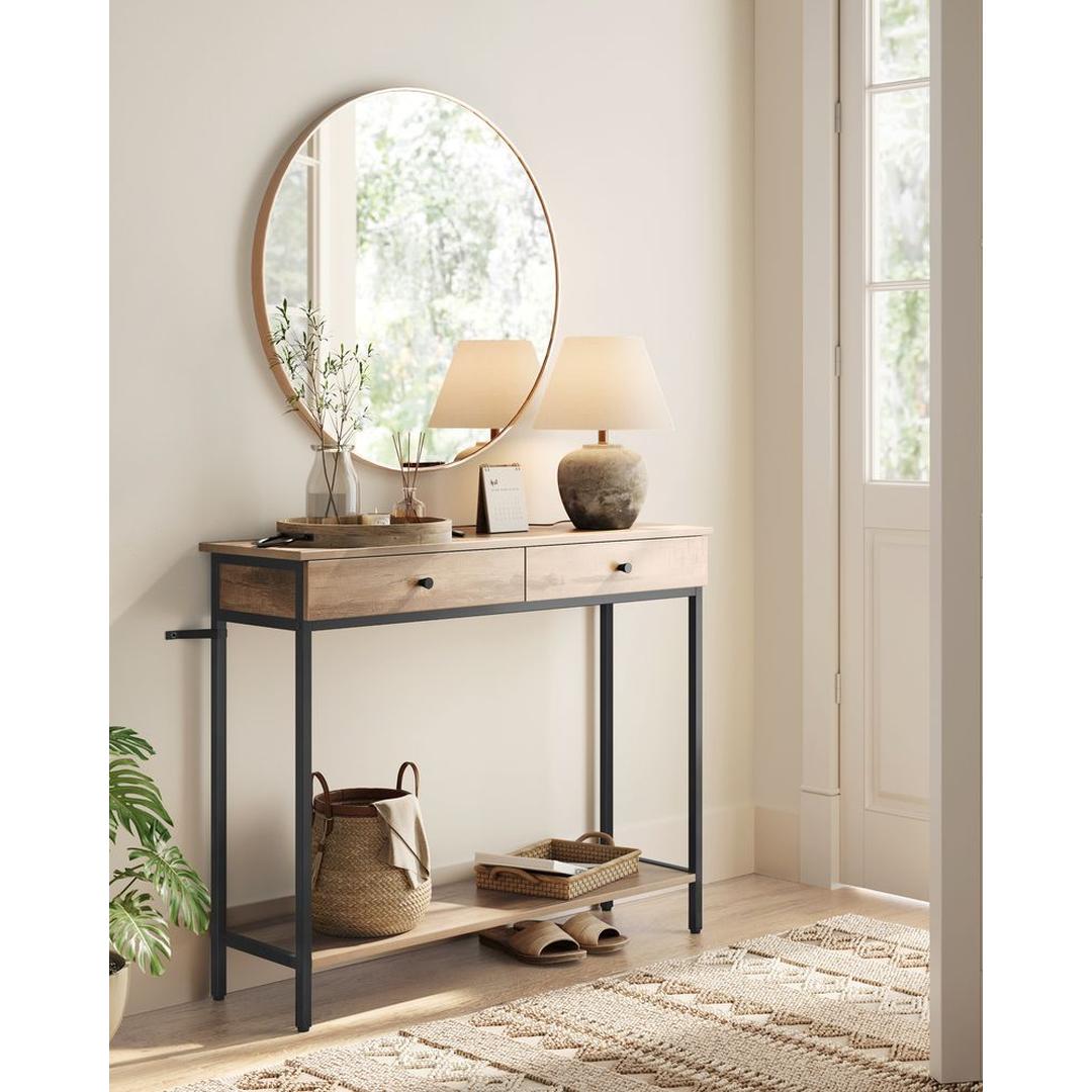 Smalle Sidetable met 2 Lades en Stalen Frame – Vintagebruin met Zwart Onderstel – Praktische Haltafel