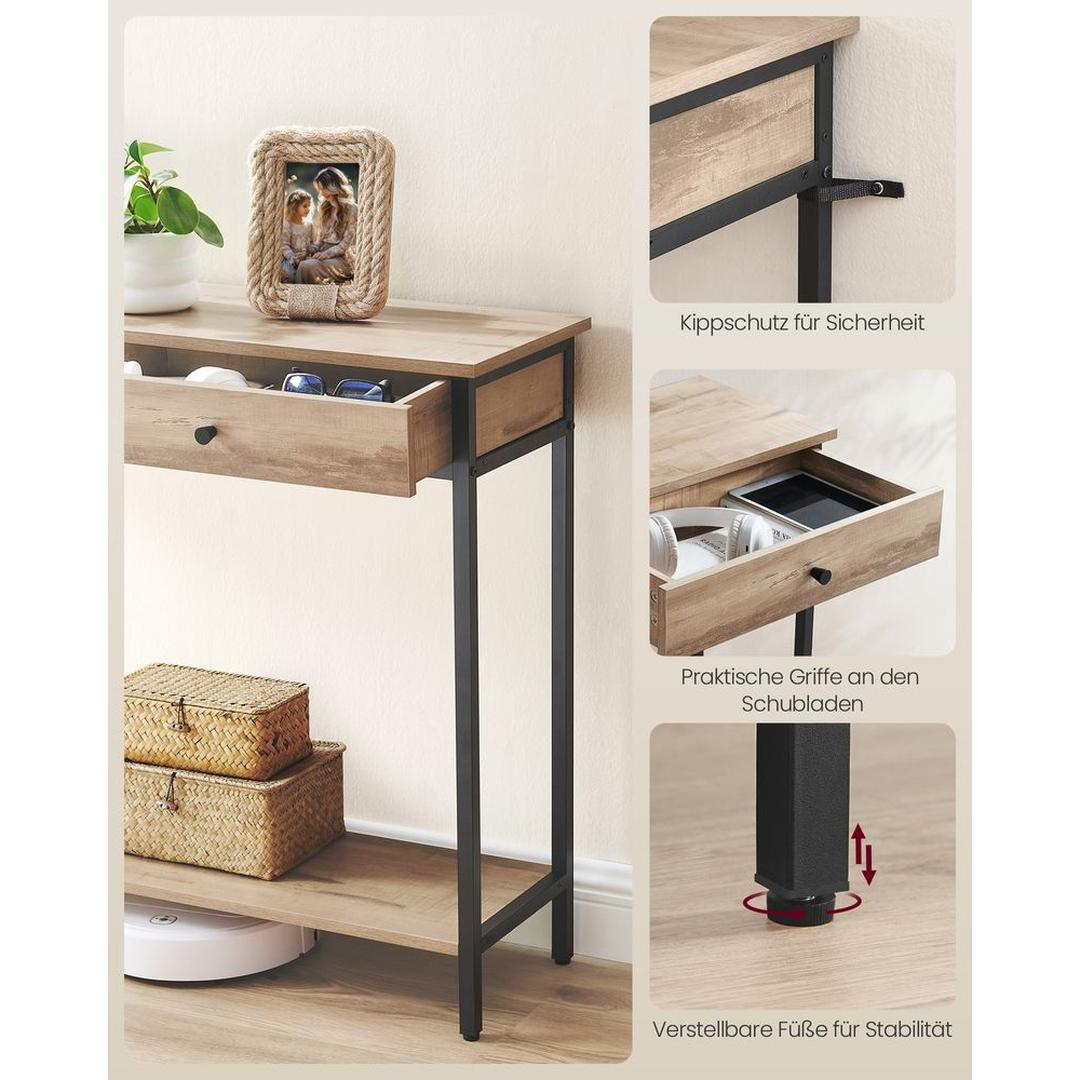 Smalle Sidetable met 2 Lades en Stalen Frame – Vintagebruin met Zwart Onderstel – Praktische Haltafel