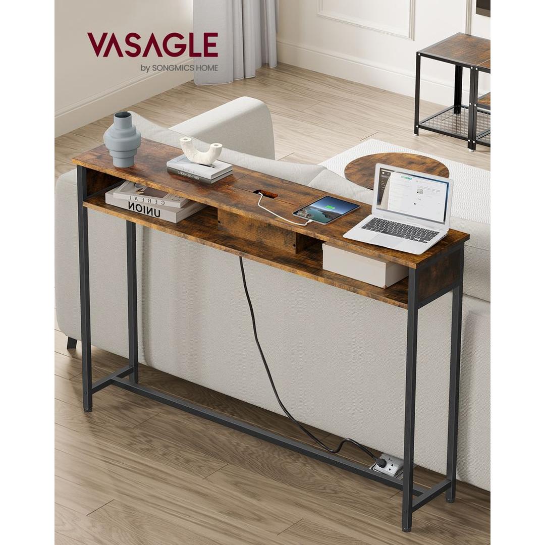 Smalle Consoletafel met Stopcontacten – Ruimtebesparende Tafel met USB-poorten en Opbergvakken in Sneeuwwit