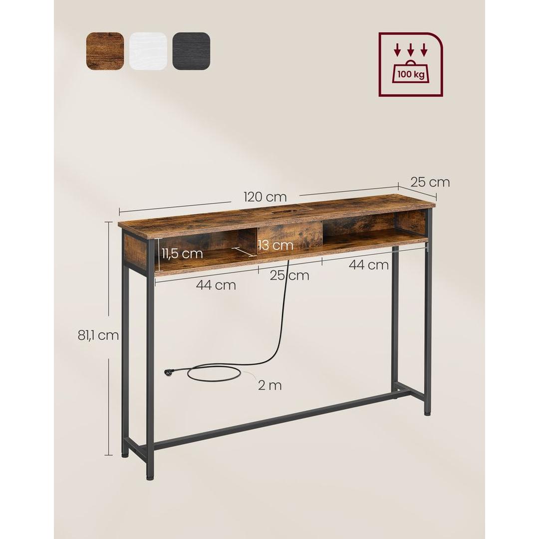 Smalle Consoletafel met Stopcontacten – Ruimtebesparende Tafel met USB-poorten en Opbergvakken in Sneeuwwit