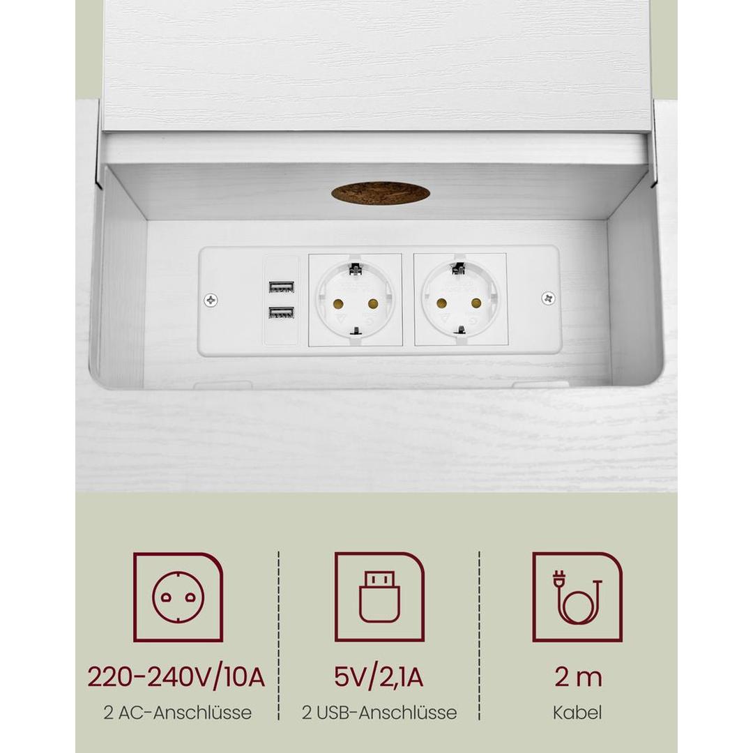 Smalle Consoletafel met Stopcontacten – Ruimtebesparende Tafel met USB-poorten en Opbergvakken in Sneeuwwit