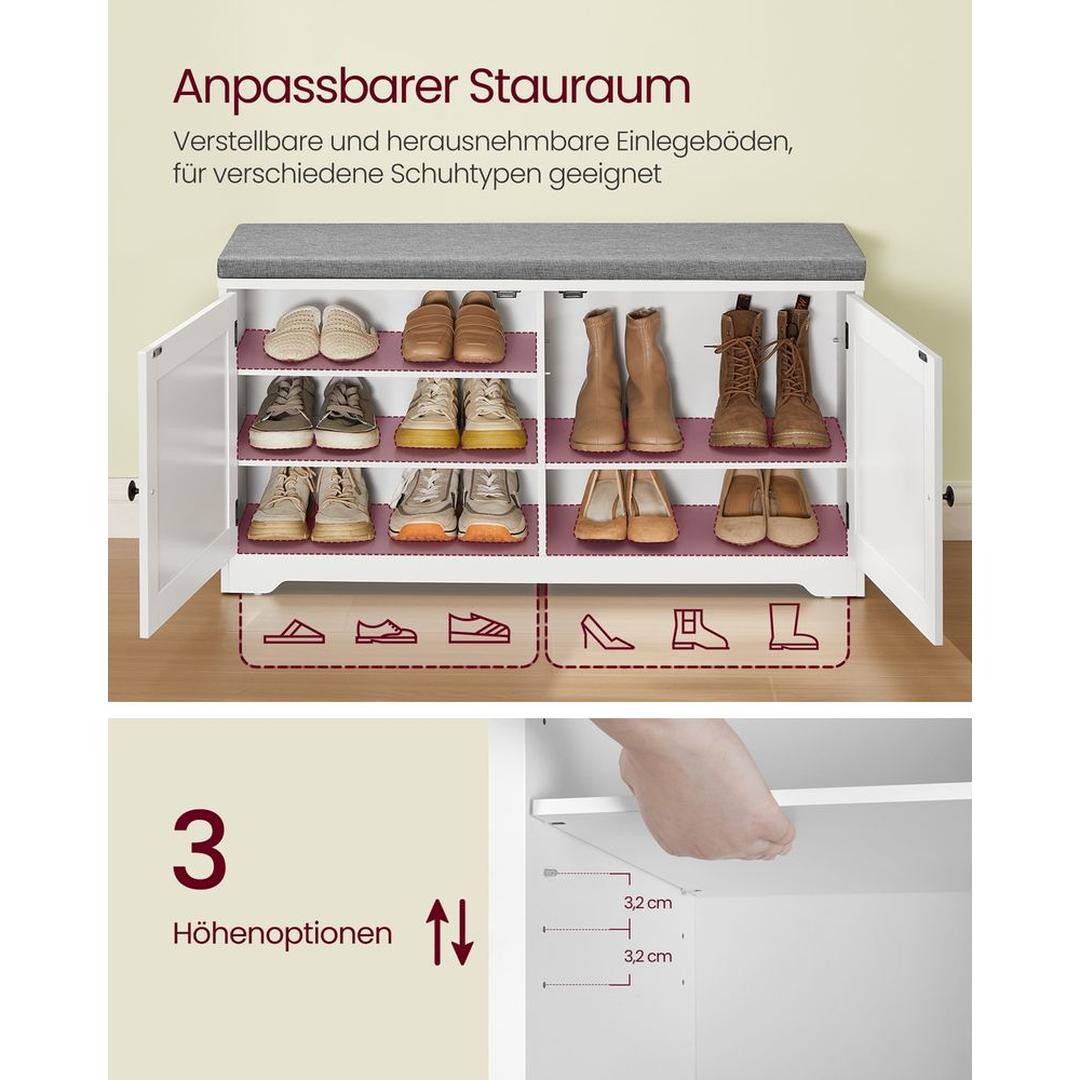 Schoenenbank met Opbergruimte – Witte Schoenenkast met Deuren en Verstelbare Legplanken