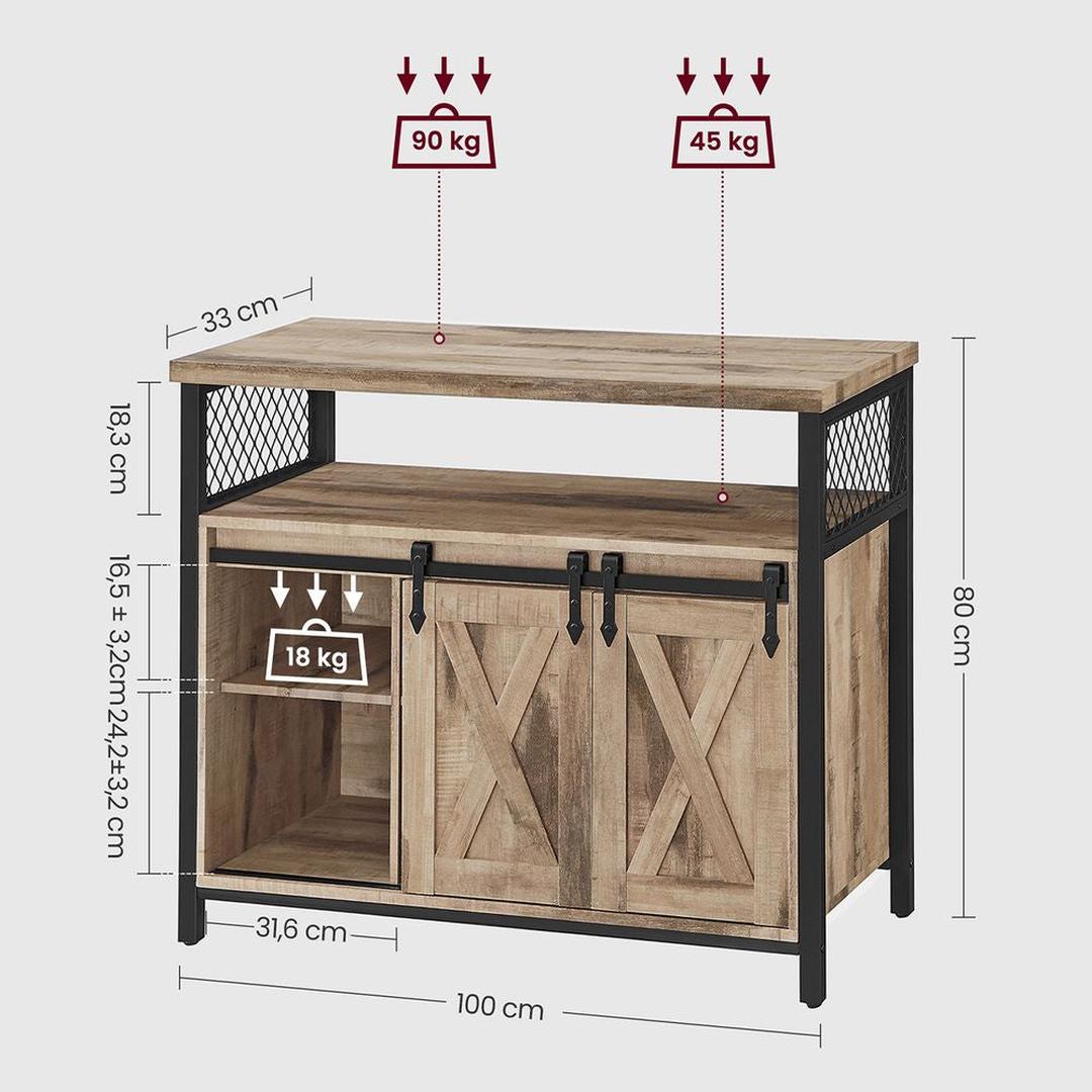 Dressoir met 2 Schuifdeuren – Industriële Opbergkast met Open Vak en Verstelbare Legplank