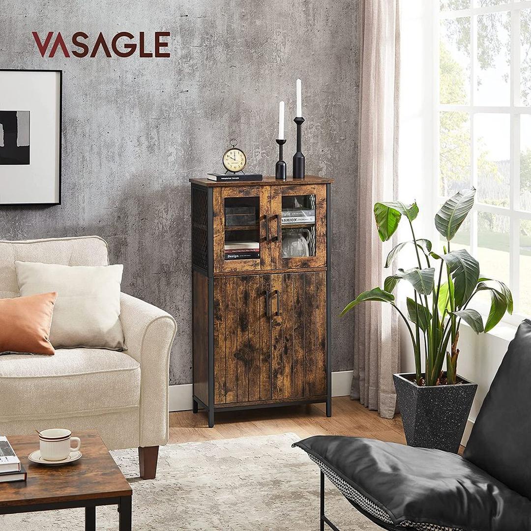 Dressoir met Glazen Deuren – Industriële Opbergkast met Verstelbare Legplanken van Staal en Spaanplaat