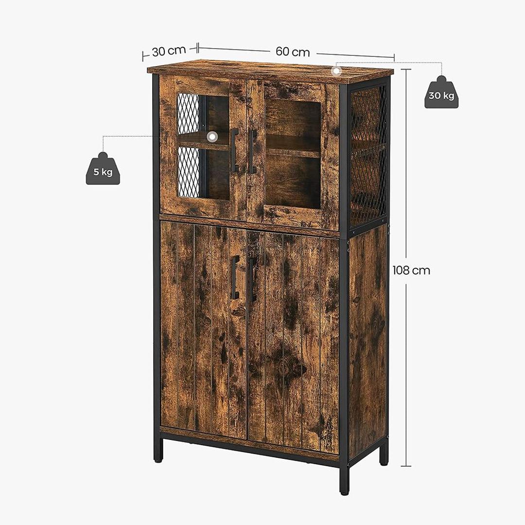 Dressoir met Glazen Deuren – Industriële Opbergkast met Verstelbare Legplanken van Staal en Spaanplaat