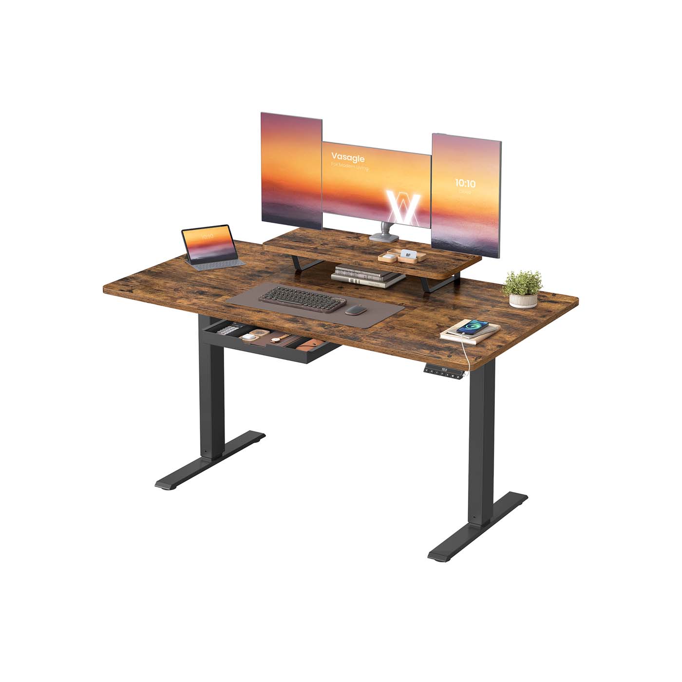 In Hoogte Verstelbaar Bureau met Monitorstandaard en USB-Aansluitingen – Ergonomisch Werkbureau voor Thuis en Kantoor