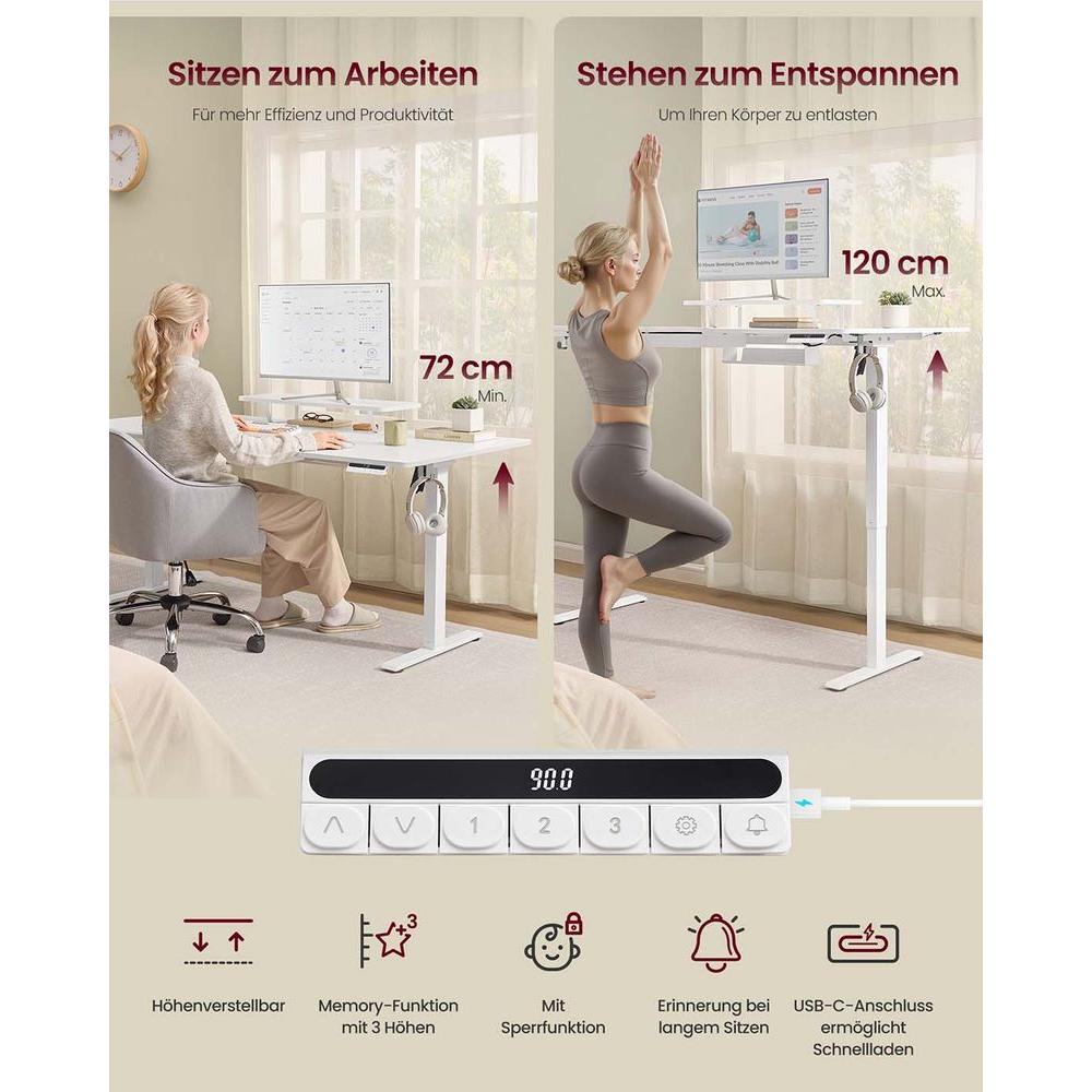In Hoogte Verstelbaar Bureau met Monitorstandaard en USB-Aansluitingen – Ergonomisch Werkbureau voor Thuis en Kantoor