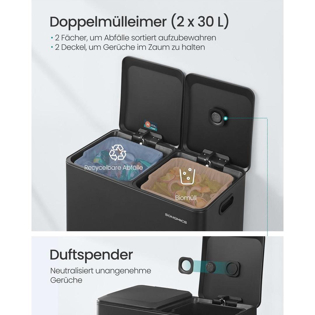 Afvalscheider met 2 Compartimenten – Metalen Pedaalemmer met Soft-Close Deksel en Uitneembare Binnenemmers, 2 × 30 L