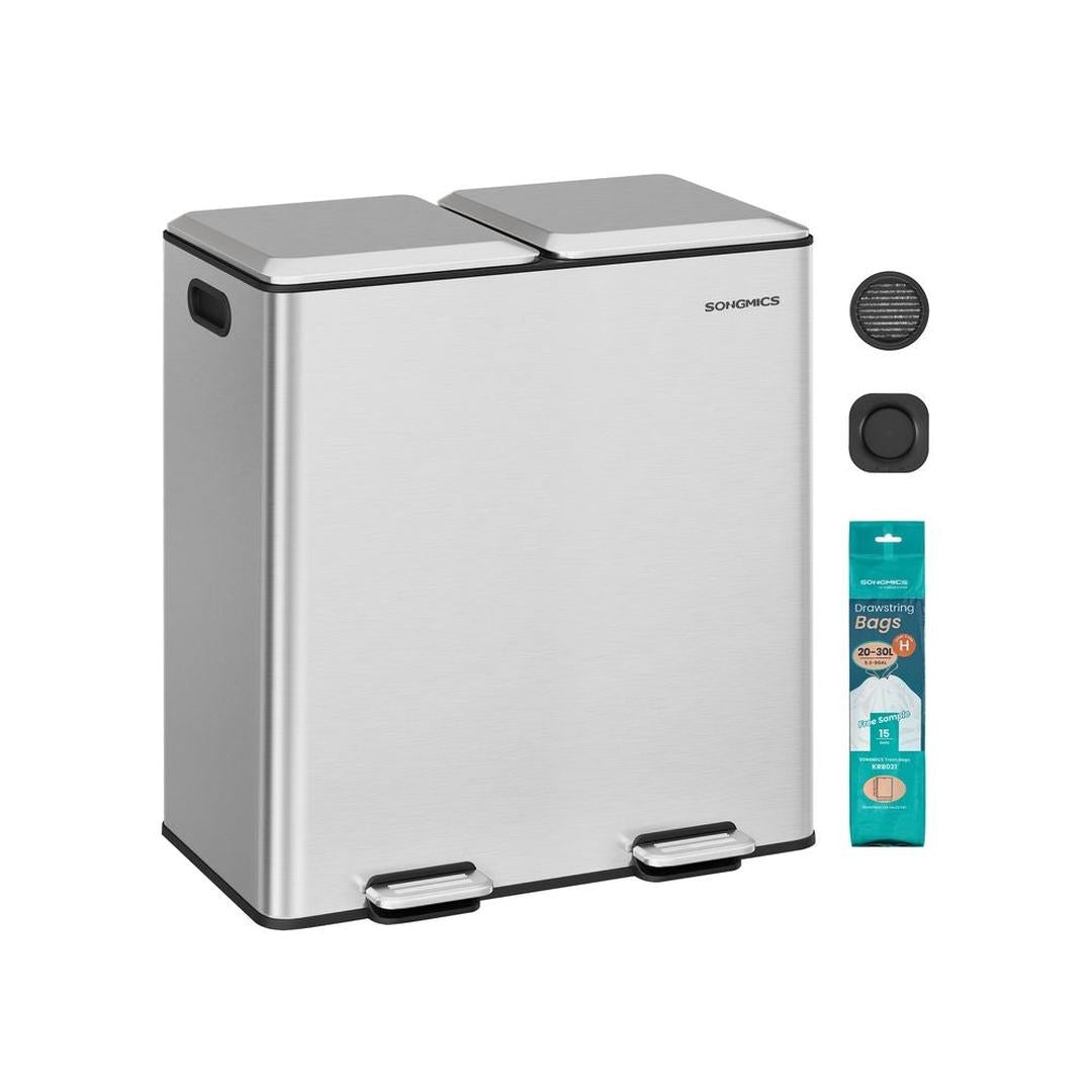 Afvalscheider met 2 Compartimenten – Metalen Pedaalemmer met Soft-Close Deksel en Uitneembare Binnenemmers, 2 × 30 L