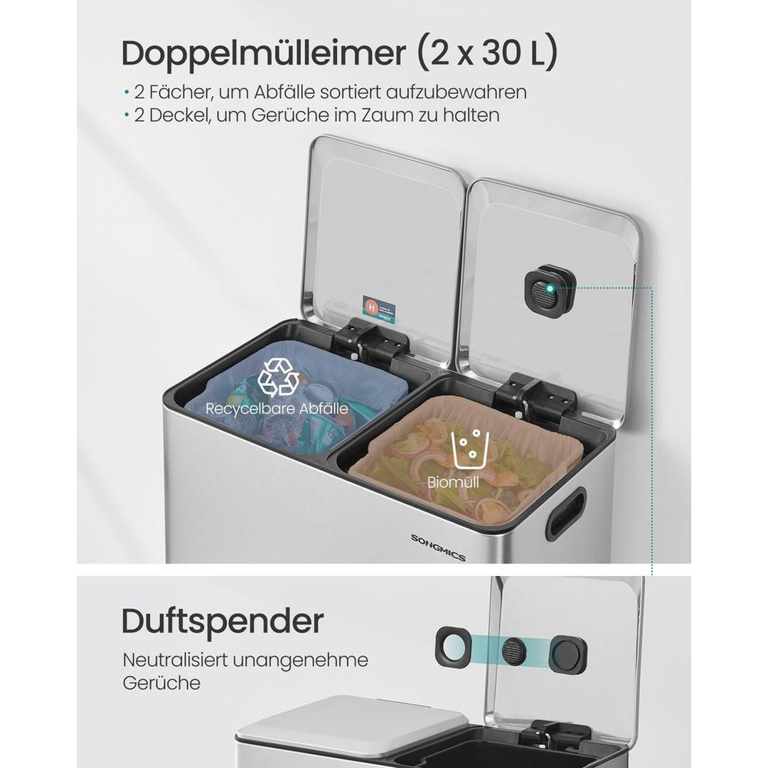 Afvalscheider met 2 Compartimenten – Metalen Pedaalemmer met Soft-Close Deksel en Uitneembare Binnenemmers, 2 × 30 L