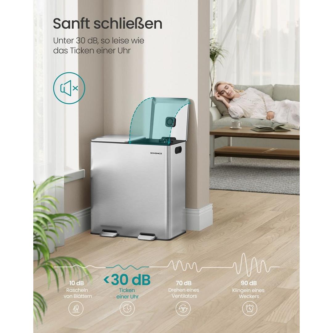 Afvalscheider met 2 Compartimenten – Metalen Pedaalemmer met Soft-Close Deksel en Uitneembare Binnenemmers, 2 × 30 L