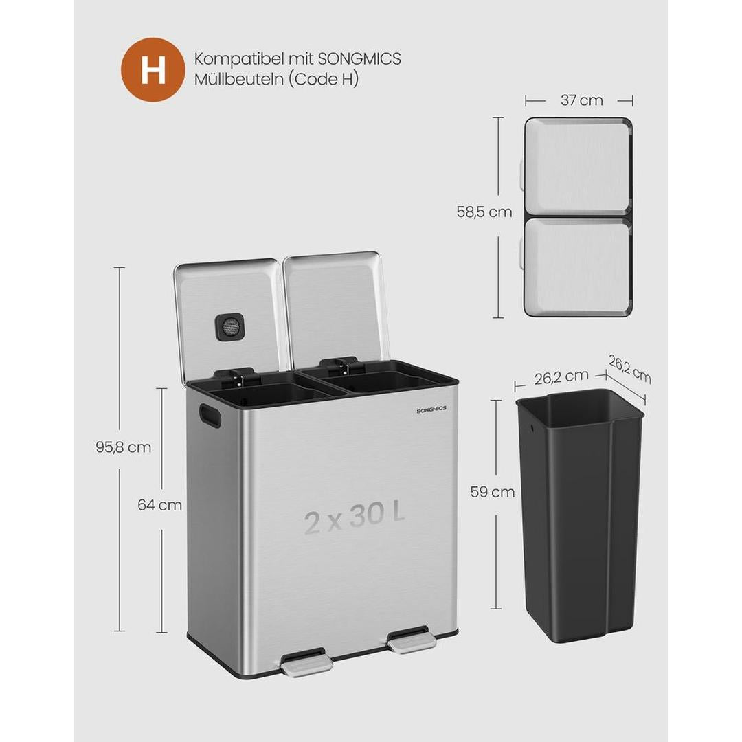 Afvalscheider met 2 Compartimenten – Metalen Pedaalemmer met Soft-Close Deksel en Uitneembare Binnenemmers, 2 × 30 L