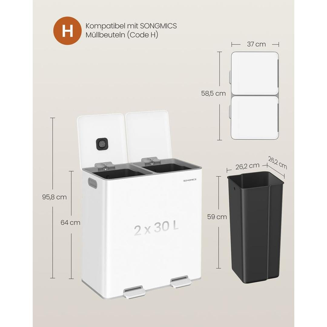 Afvalscheider met 2 Compartimenten – Metalen Pedaalemmer met Soft-Close Deksel en Uitneembare Binnenemmers, 2 × 30 L