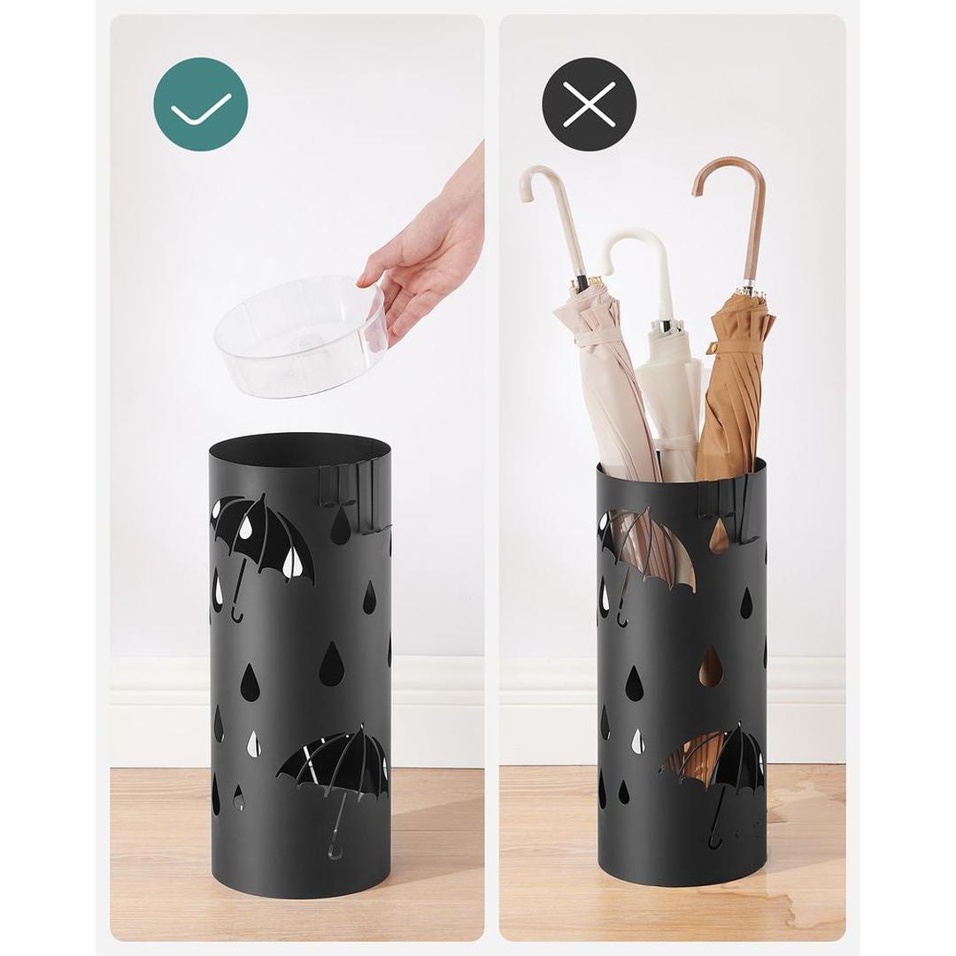 Metalen Paraplubak met Lekbak – Parapluhouder met 4 Haken en Uitgesneden Design voor Hal of Entree