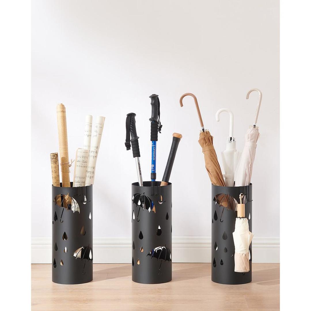 Metalen Paraplubak met Lekbak – Parapluhouder met 4 Haken en Uitgesneden Design voor Hal of Entree