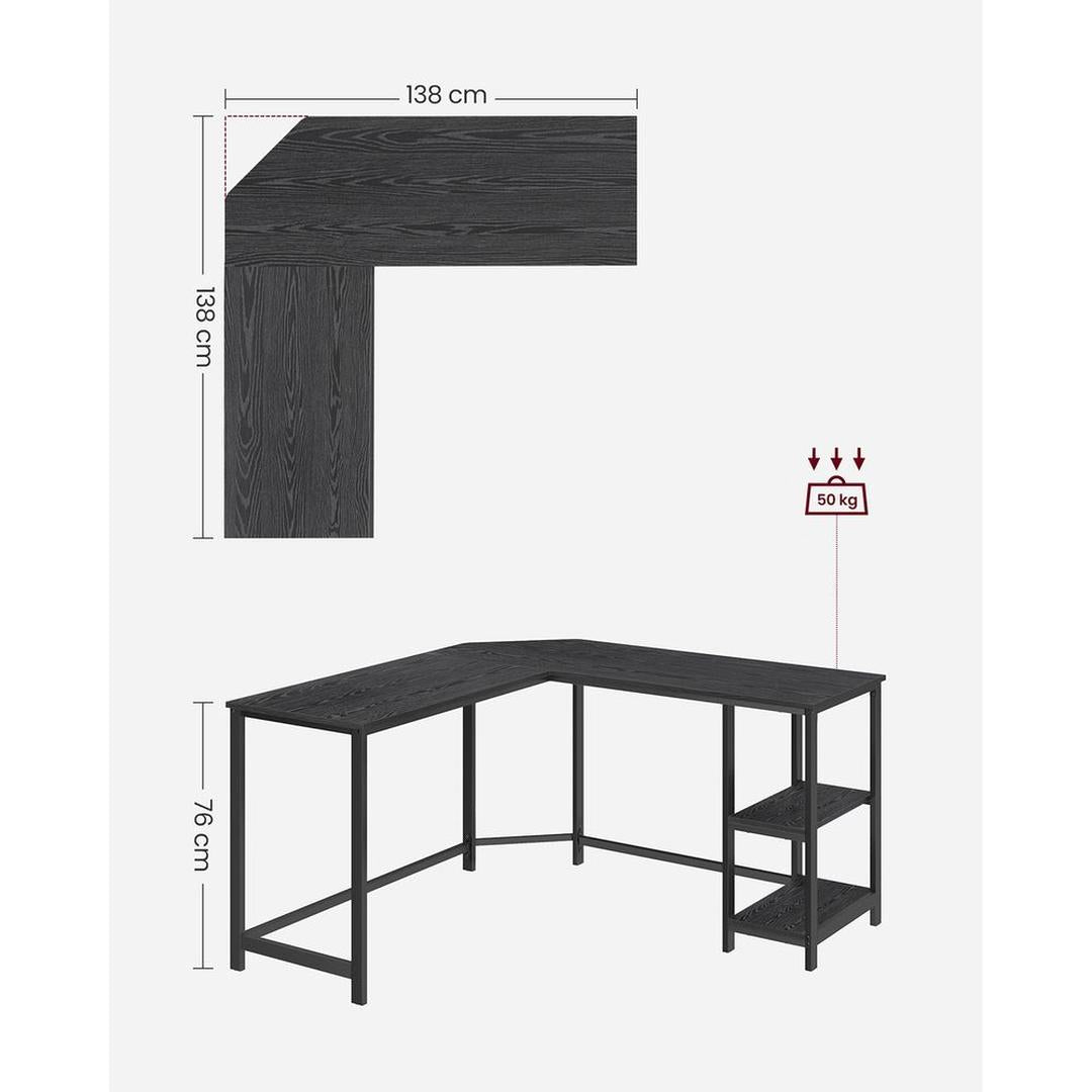 L-vormig Bureau met 2 Opbergplanken en Houtlook Werkblad – Ruim Hoekbureau voor Kantoor en Thuiswerkplek