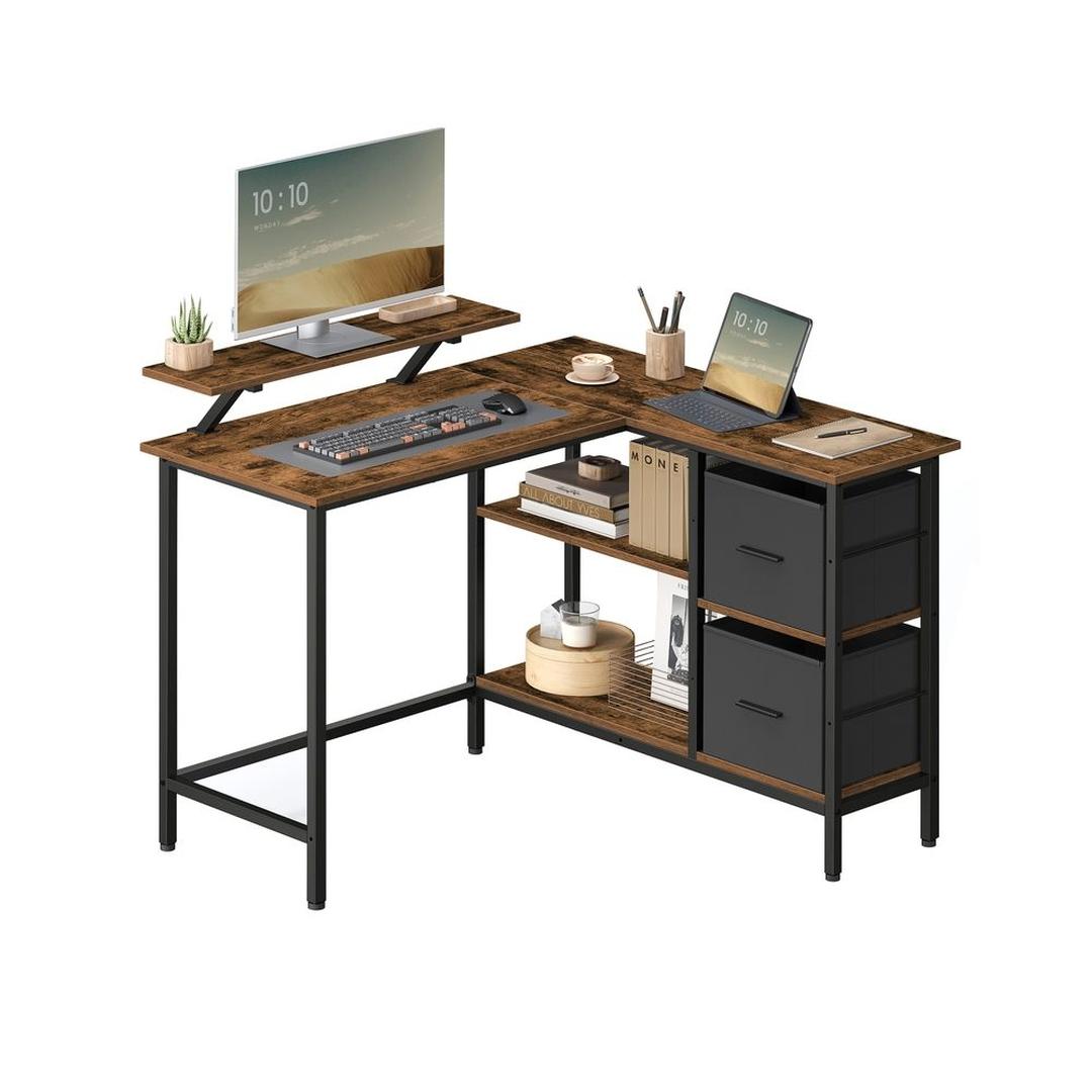 L-Vormig Bureau met Lades – Hoekbureau met Verstelbare Plank en Stalen Frame, 105 × 135 cm
