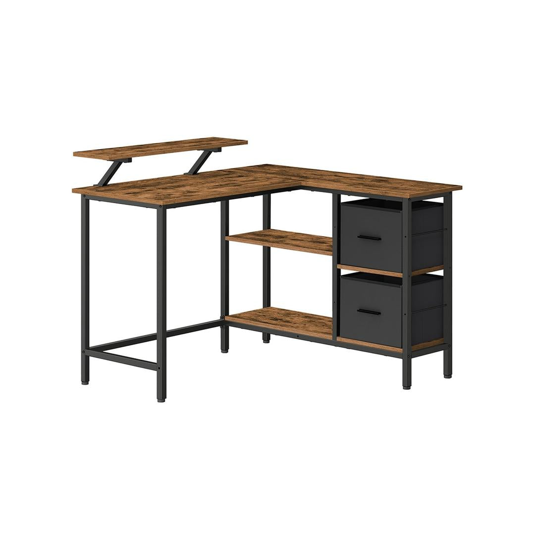 L-vormig Hoekbureau met Monitorverhoger, 2 Lades en Verstelbare Legplank – 135 × 105 × 89,5 cm