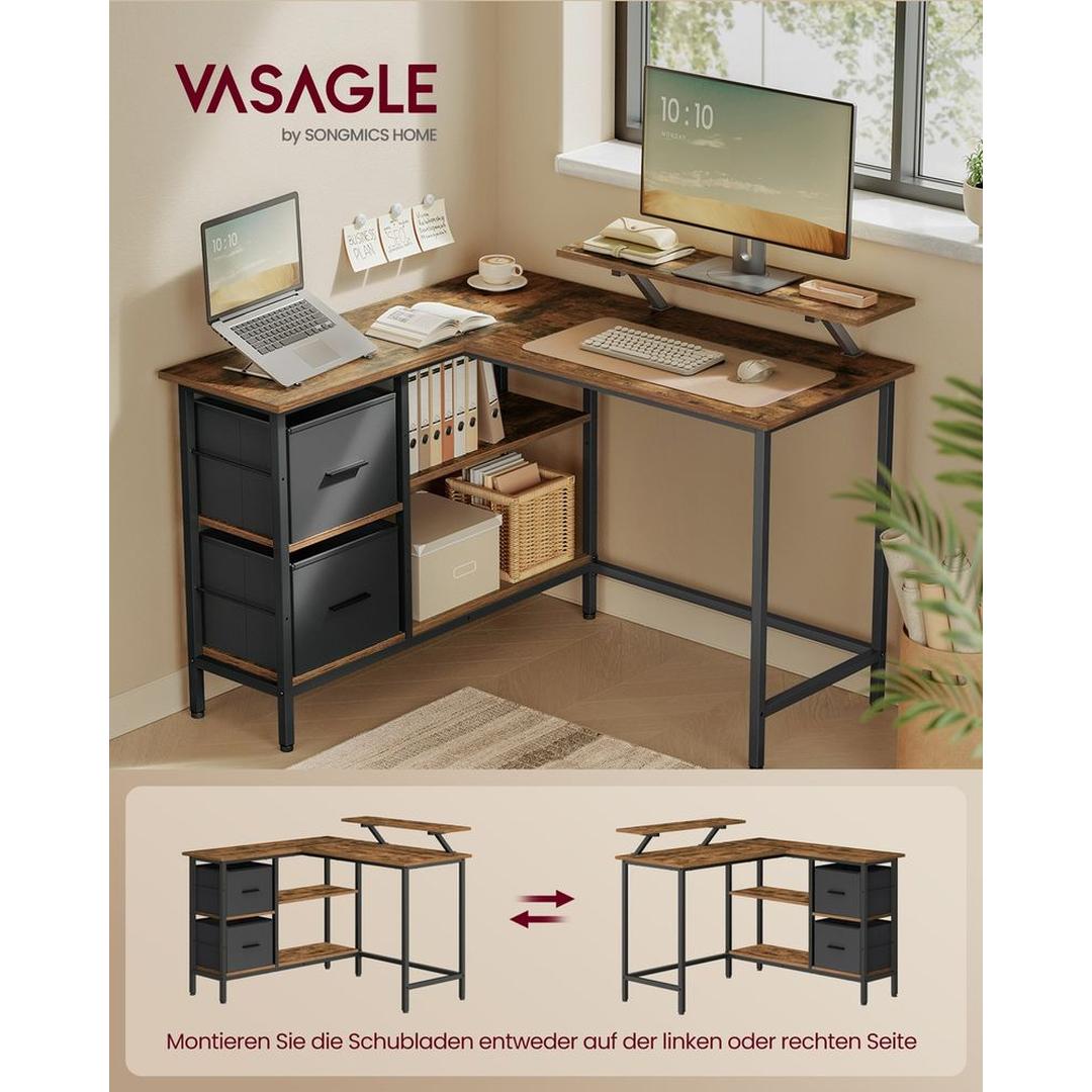 L-Vormig Bureau met Lades – Hoekbureau met Verstelbare Plank en Stalen Frame, 105 × 135 cm
