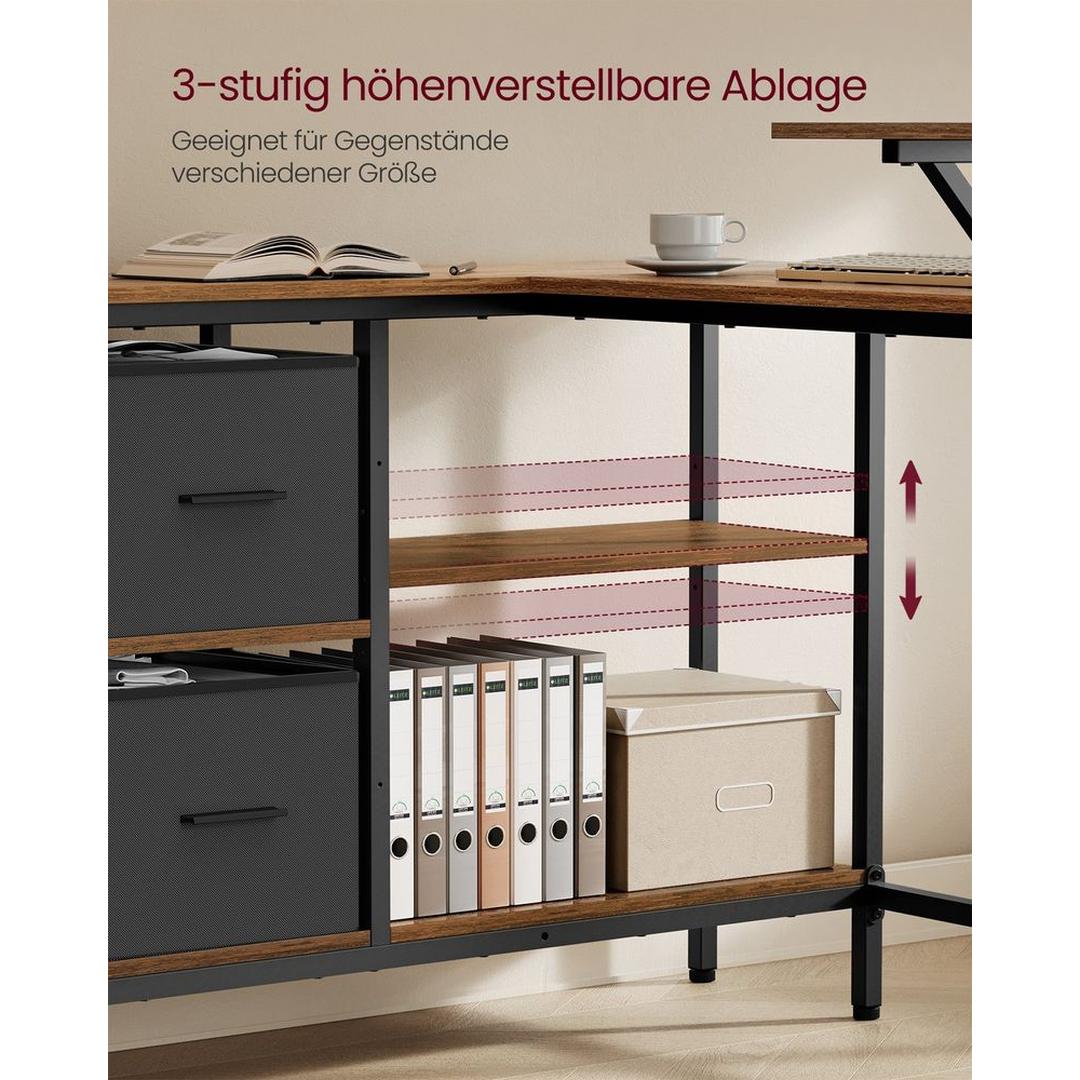 L-Vormig Bureau met Lades – Hoekbureau met Verstelbare Plank en Stalen Frame, 105 × 135 cm