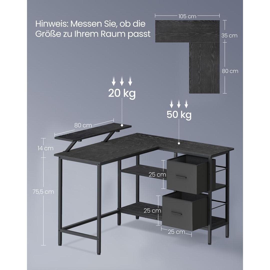 L-vormig Hoekbureau met Monitorverhoger, 2 Lades en Verstelbare Legplank – 135 × 105 × 89,5 cm