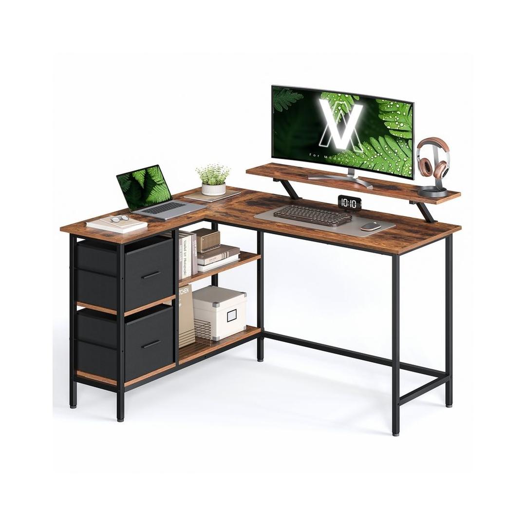 L-Vormig Bureau met Lades – Hoekbureau met Verstelbare Plank en Stalen Frame, 105 × 135 cm