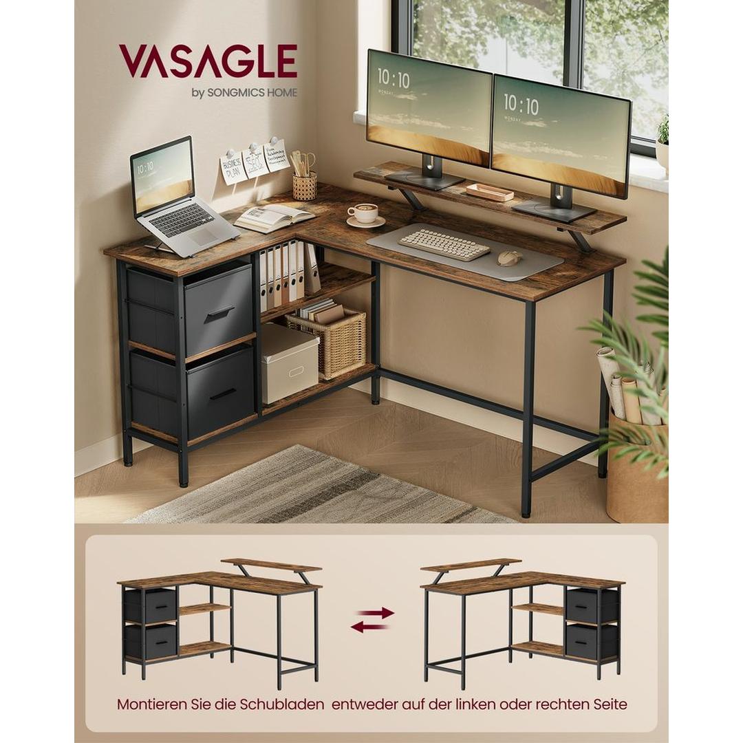L-Vormig Bureau met Lades – Hoekbureau met Verstelbare Plank en Stalen Frame, 105 × 135 cm