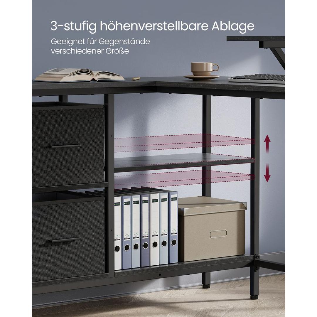 L-vormig Hoekbureau met Monitorverhoger, 2 Lades en Verstelbare Legplank – 135 × 105 × 89,5 cm