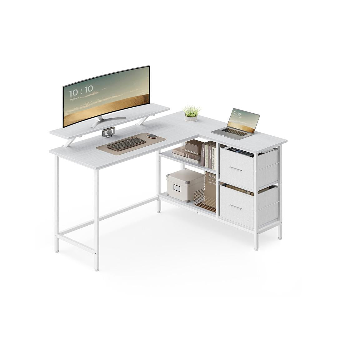 L-vormig Hoekbureau met Monitorverhoger, 2 Lades en Verstelbare Legplank – 135 × 105 × 89,5 cm