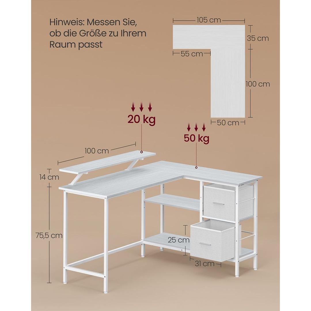 L-vormig Hoekbureau met Monitorverhoger, 2 Lades en Verstelbare Legplank – 135 × 105 × 89,5 cm