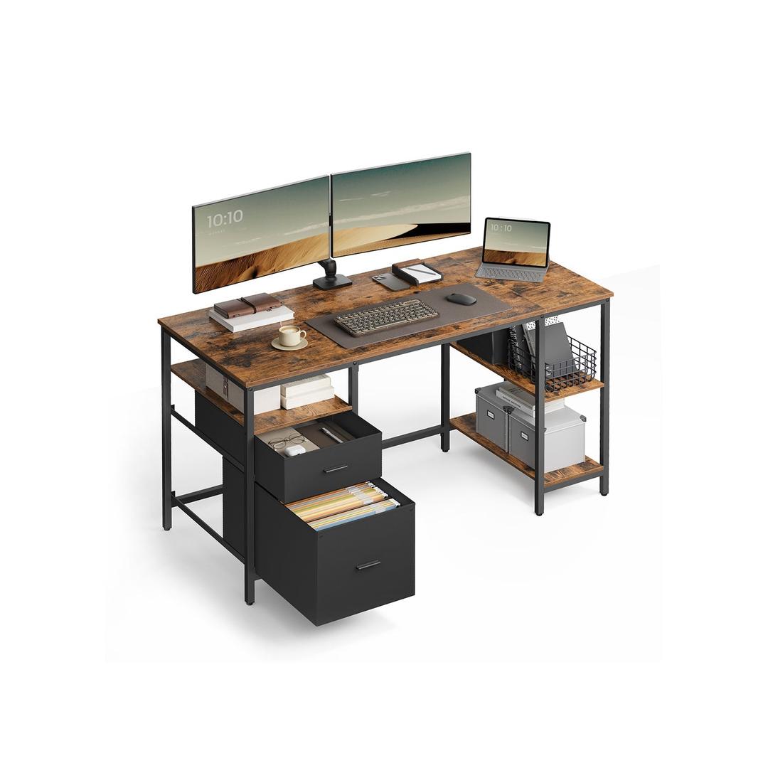 Vintage bureau 140 cm – industrieel design met laden en planken – bruin-zwart – tot 50 kg draagvermogen