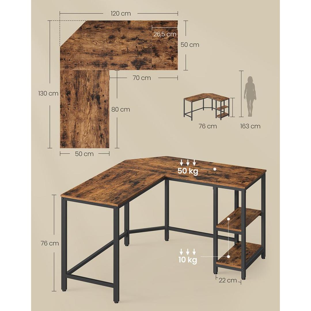 L-vormig Bureau met 2 Opbergplanken en Houtlook Werkblad – Ruim Hoekbureau voor Kantoor en Thuiswerkplek