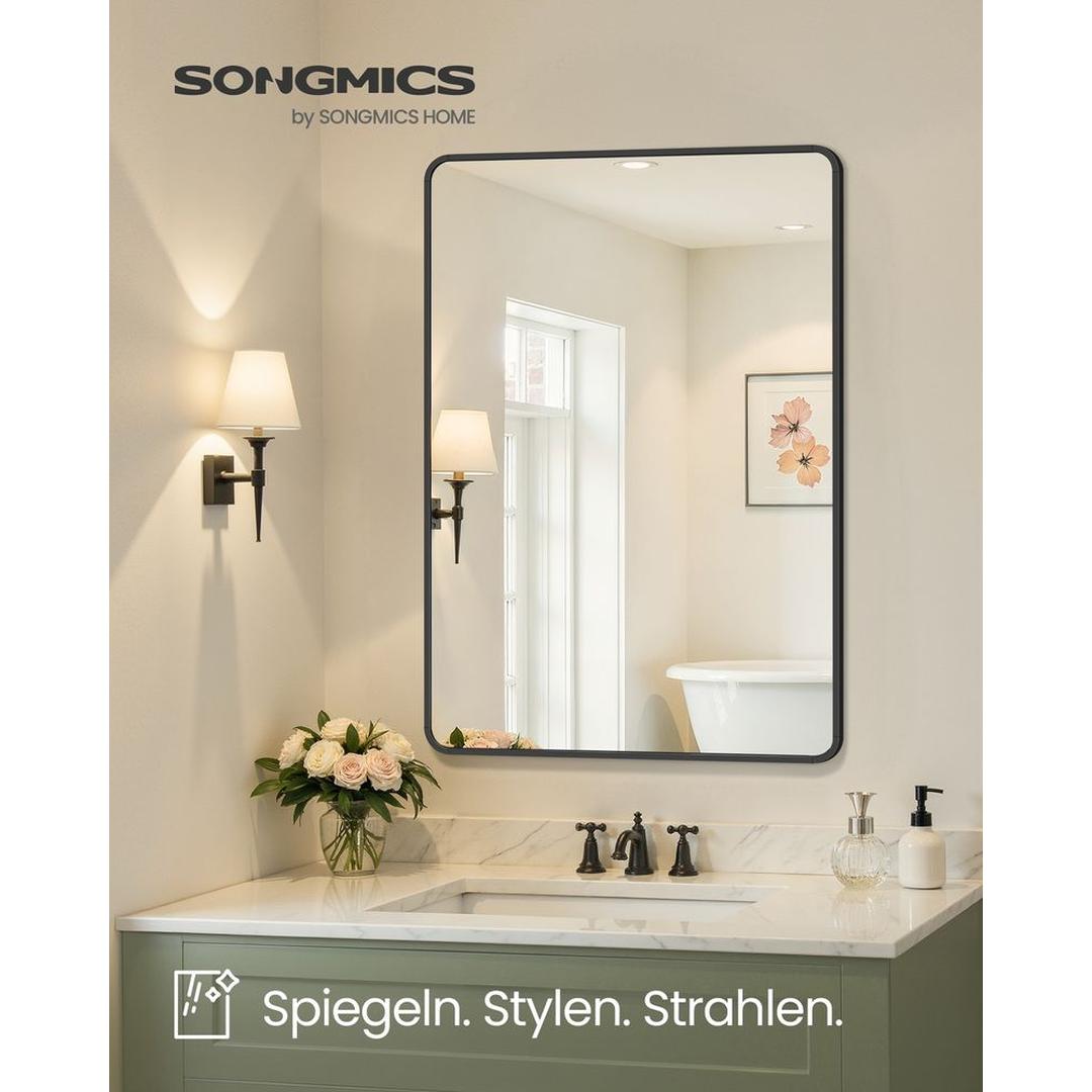 Rechthoekige Wandspiegel met Aluminium Frame – Badkamerspiegel van Gehard Glas met Veiligheidsfolie in Inktzwart
