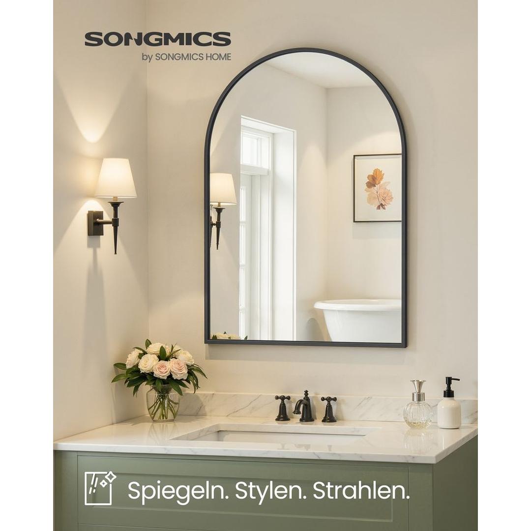Gebogen Wandspiegel met Aluminium Frame – Badkamerspiegel van Gehard Glas in Inktzwart, 91 × 61 cm
