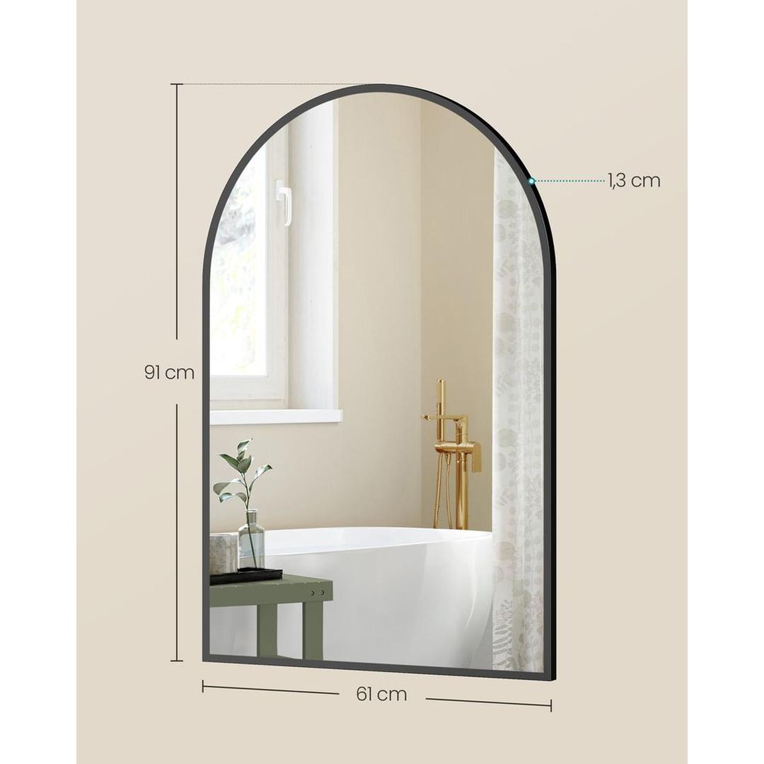 Gebogen Wandspiegel met Aluminium Frame – Badkamerspiegel van Gehard Glas in Inktzwart, 91 × 61 cm