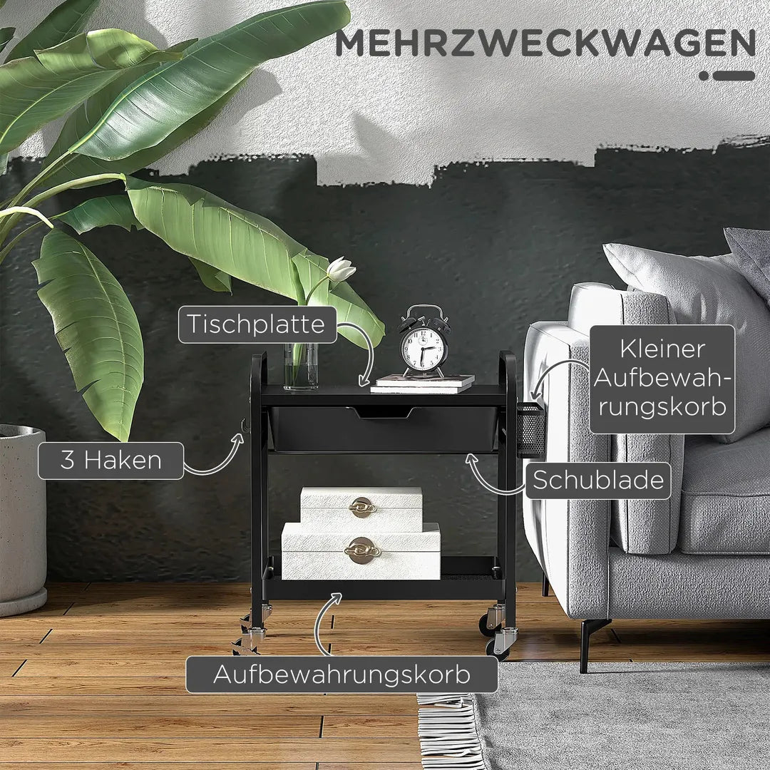 Keukenwagen met lade en legplank – op wielen – Zwart