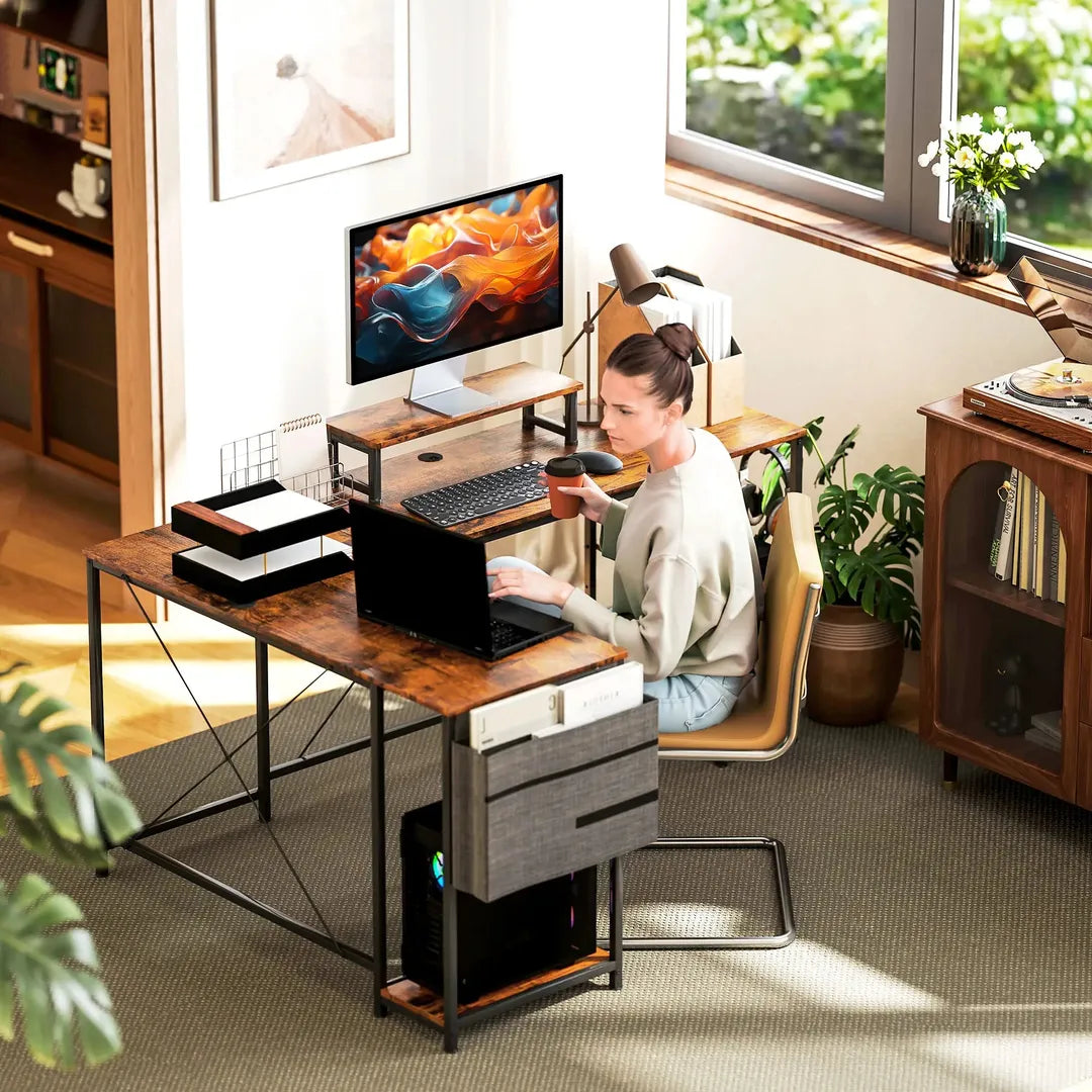 L-vormig bureau met verstelbare legplanken en monitorstand – hoekbureau met opbergtas, bruin