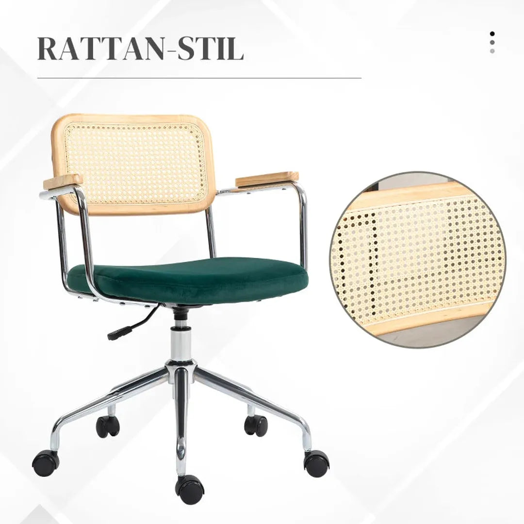 Bureaustoel groen – draaistoel in boho-stijl met houten armleuningen, verstelbaar, stalen frame, max. 120 kg belastbaar