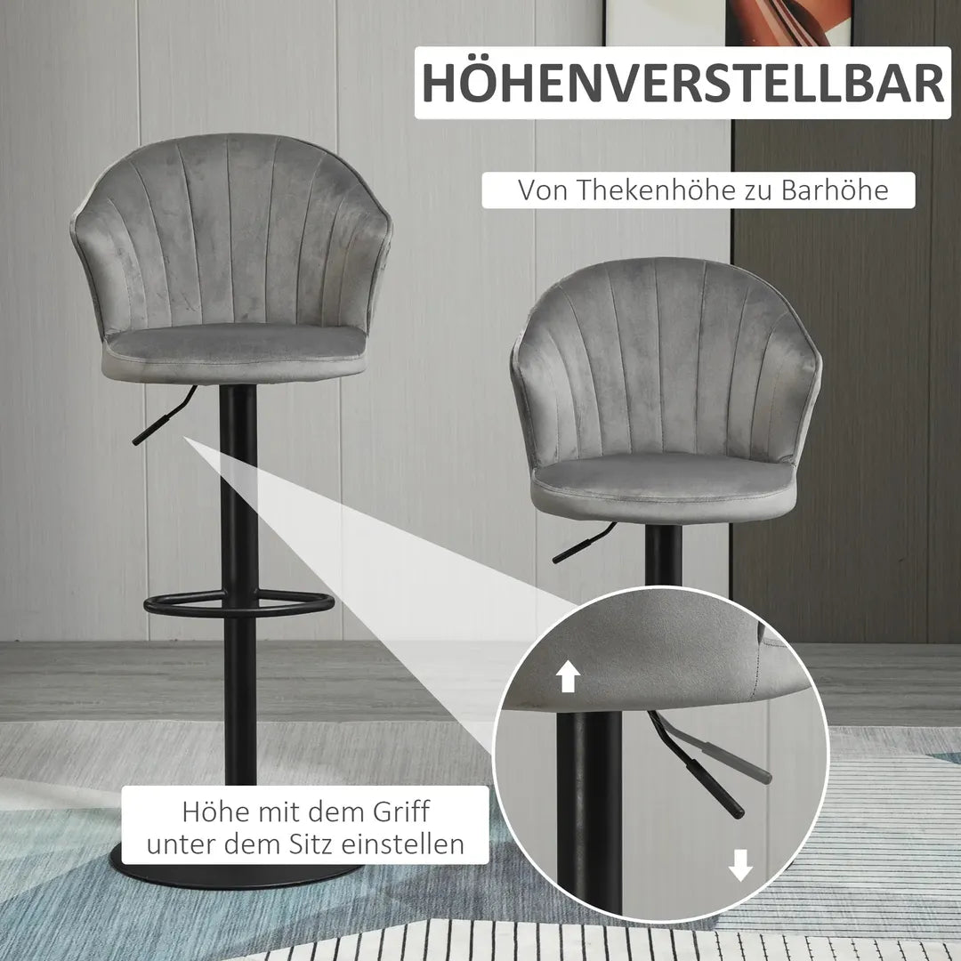 Barkrukken Set van 2 – In Hoogte Verstelbaar en Draaibaar met Voetsteun – Lederlook en Metalen Frame – Grijs – 44 x 49 x 90-110 cm