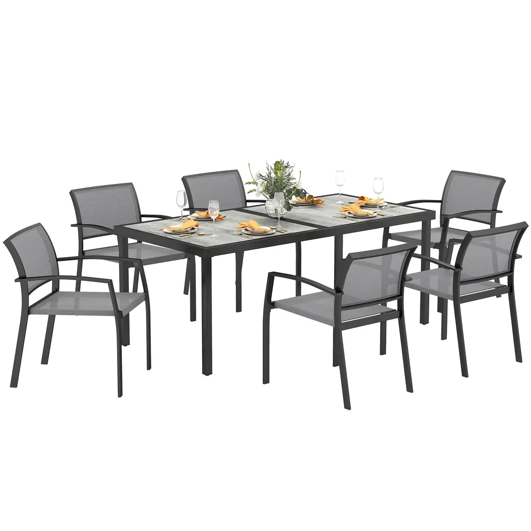 Outsunny 7-delige tuinset met 6 stapelbare stoelen en tafel 180 x 87 x 72 cm – stalen frame