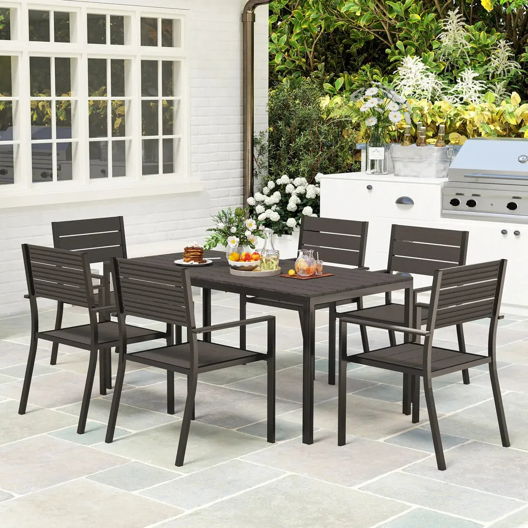 Outsunny 7-delige tuinset met 6 stapelbare stoelen en tafel 160 x 80 x 74 cm – stalen frame en HDPE blad
