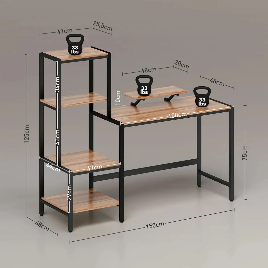 Computertafel met monitorstand en 4-laags rek – bureau in industriële stijl, bruin