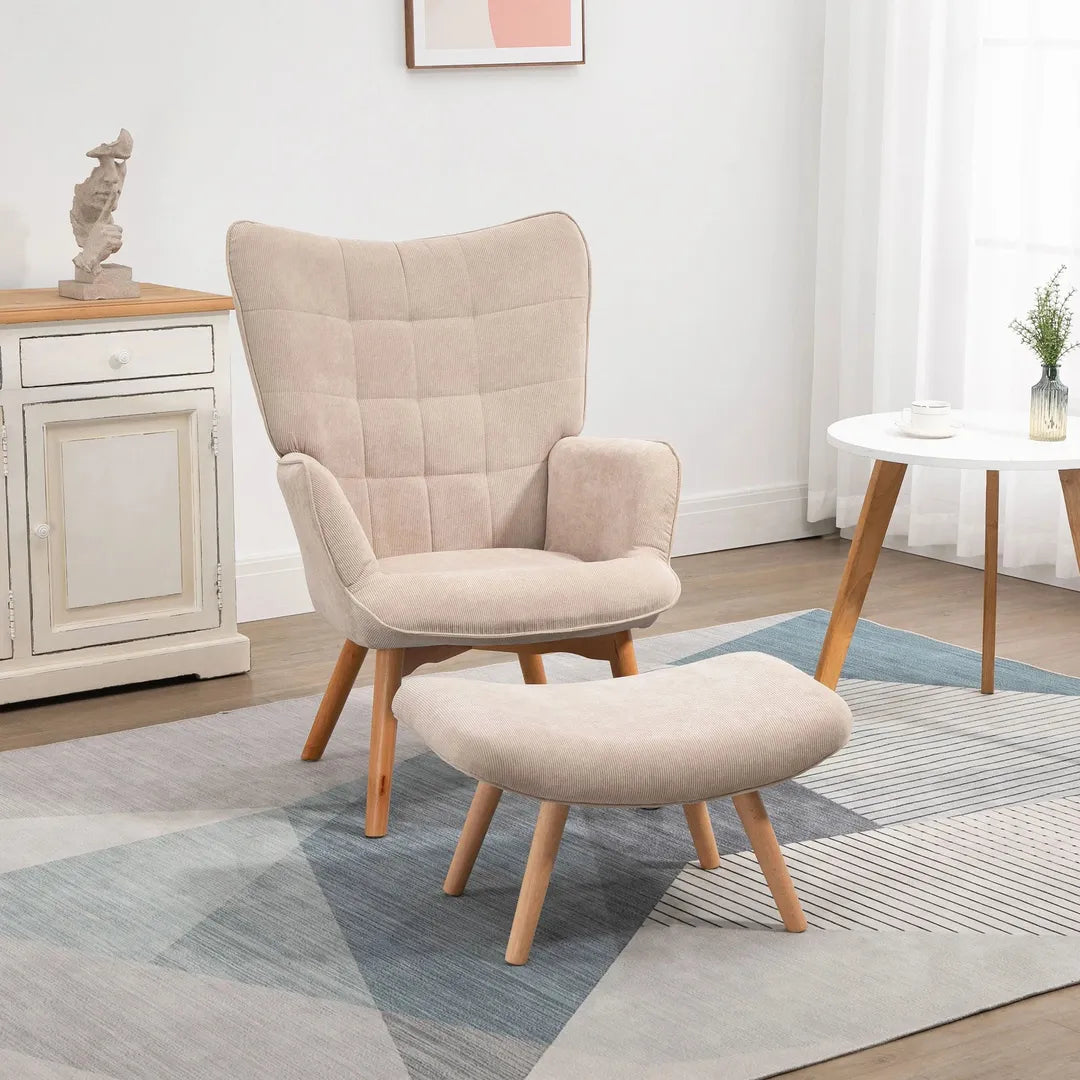 Fauteuil met Hocker – Relaxstoel in Cordstof met Armleuningen en Houten Poten, Grijs, voor Woonkamer