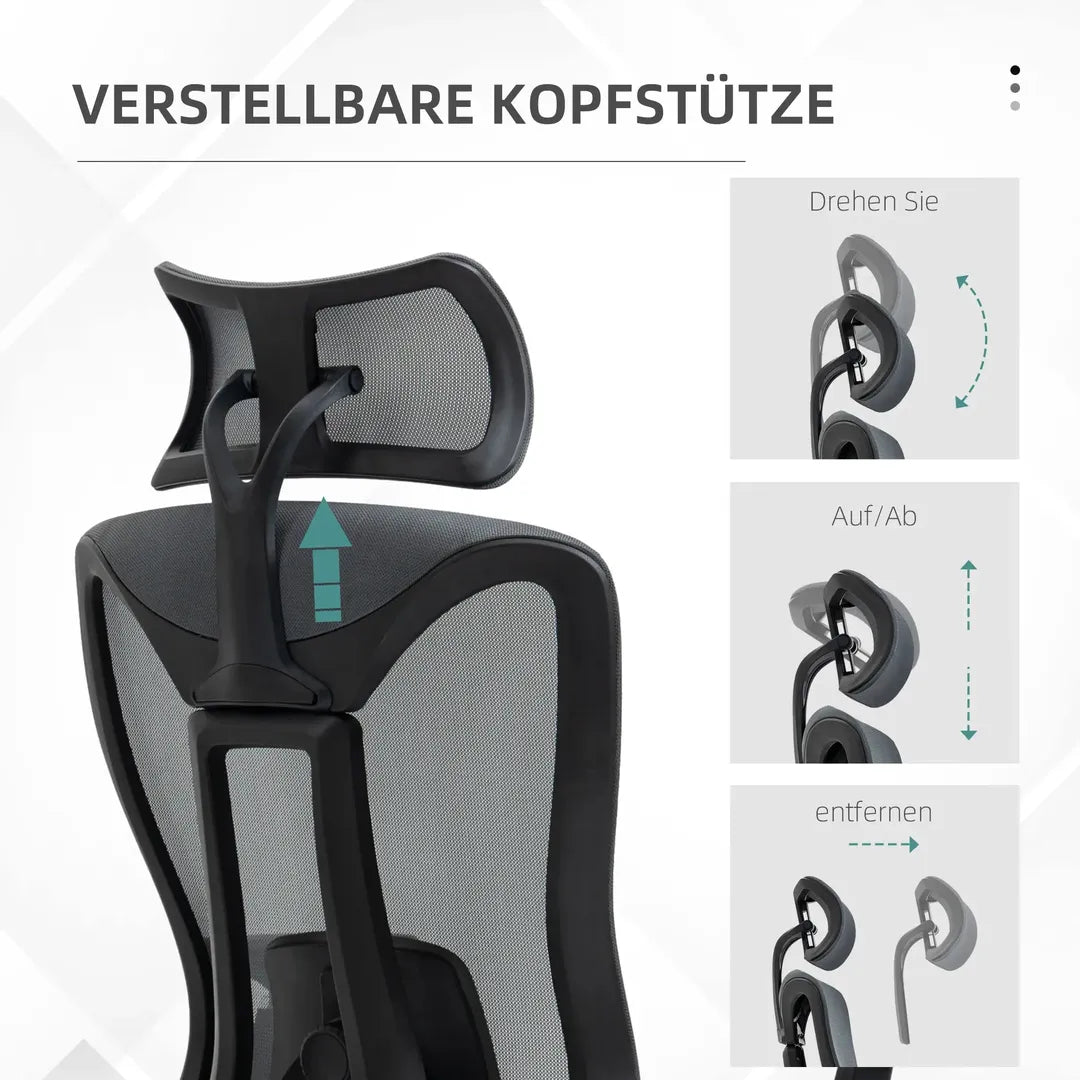 Bureaustoel met 135° kantelfunctie – in hoogte verstelbaar, ergonomische rug- en hoofdsteun, grijs