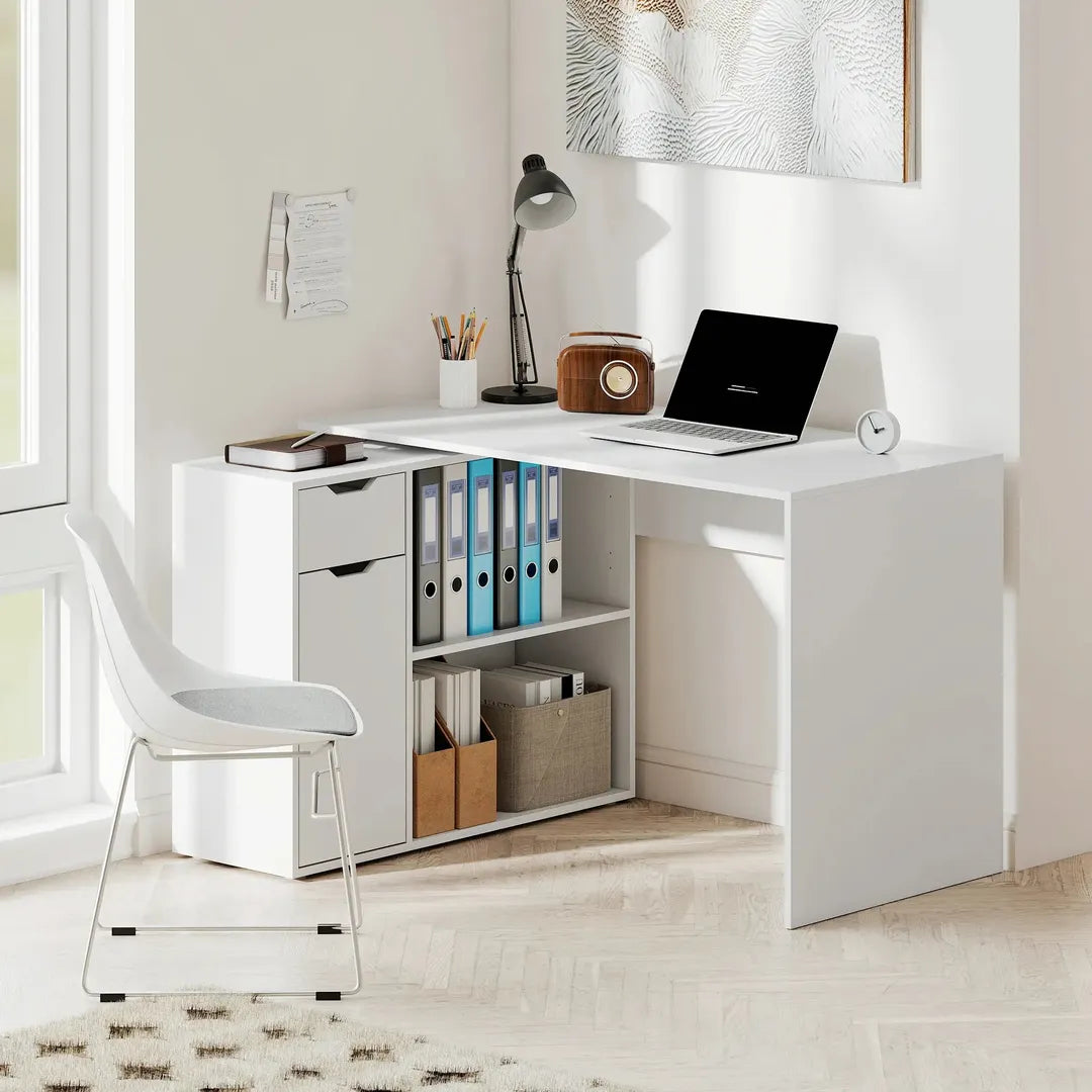 Flexibel bureau met kast en lade – hoekbureau met open vakken, hout, wit