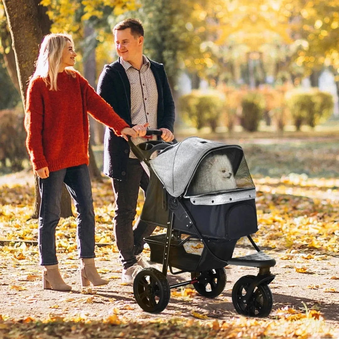 Dierenwagen voor hond en kat – inklapbare buggy met 3 wielen – oxford stof – grijs/zwart – 109,5 x 57,5 x 106,5 cm