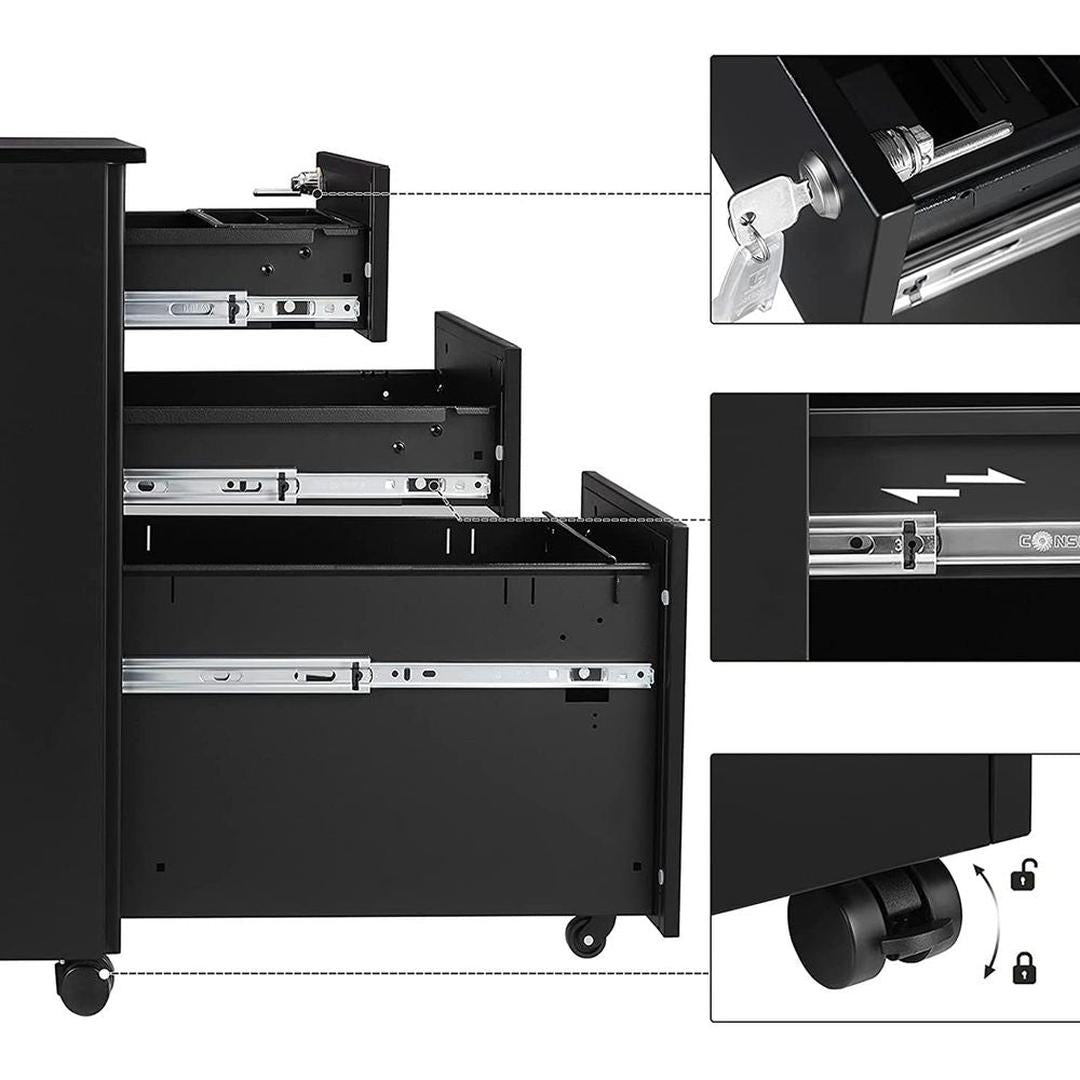 Verrijdbare Ladecontainer met 3 Lades – Zwarte of witte Opbergunit op Wielen voor Kantoor of Thuis