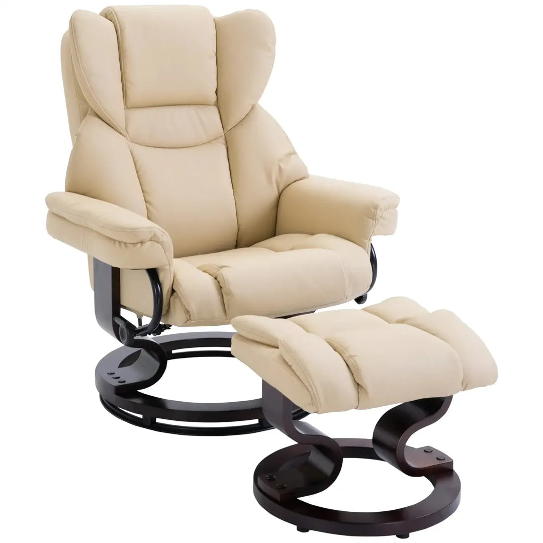 Fauteuil met Hocker – Draaibare Relaxstoel met Ligfunctie van Kunstleer en Metalen Frame, Crème, 80 x 79 x 100 cm