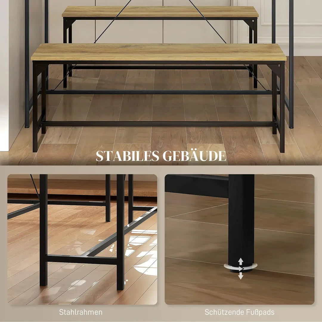 Eettafelset voor 4 Personen – Tafel met 2 Banken van Metaal en Hout, Industrieel Design, 120 x 70 x 75 cm, Zwart/Natuur